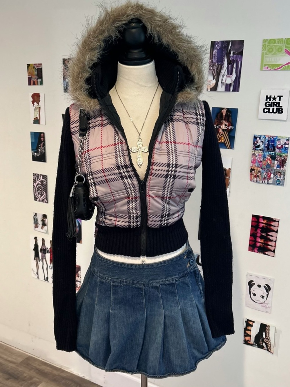 Y2K vintage plaid cropped fur trim knit hood jacket
